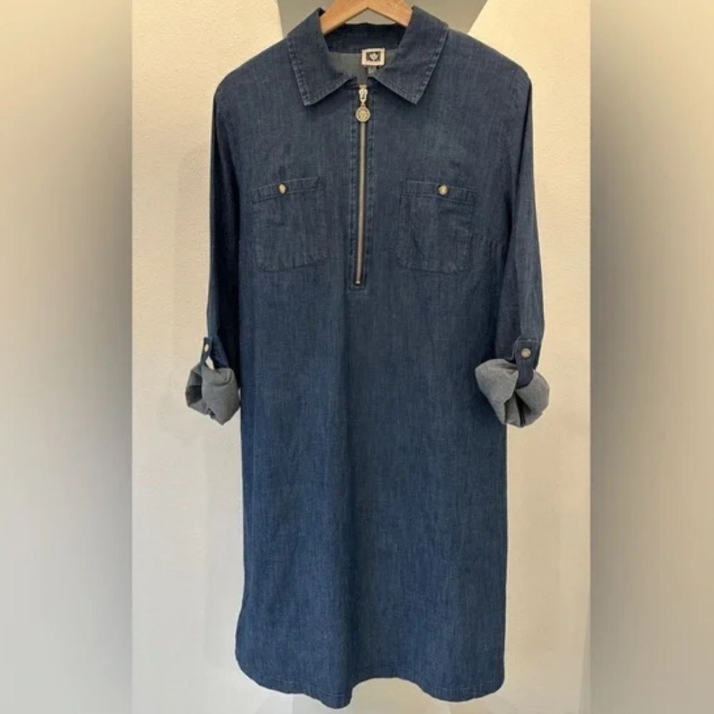 Anne Klein 12 Denim Blue Long Tab Roll up Sleeve Gold Tone Zip Front Dress